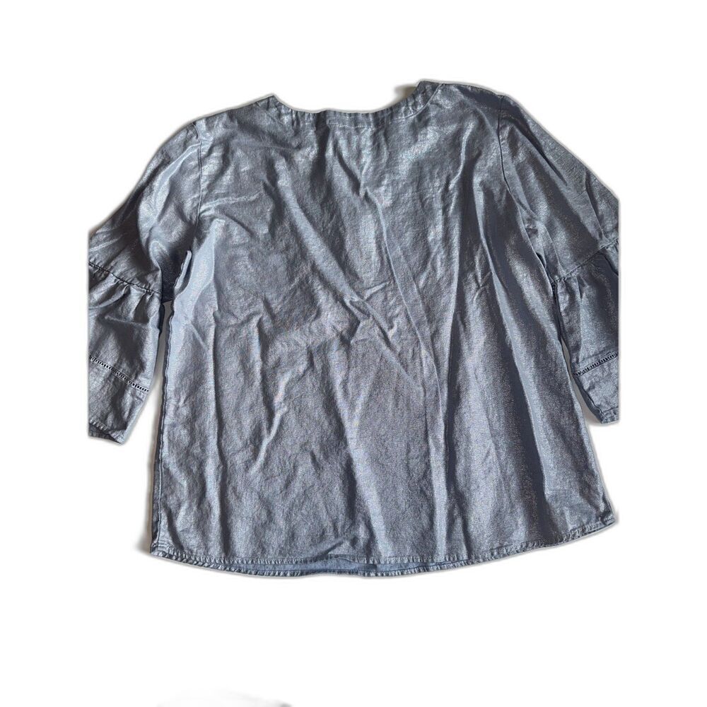 Ellen Tracy Women's Metallic Gray Top Size L | Linen Rayon | Long Sleeve Blouse - Picture 7 of 8